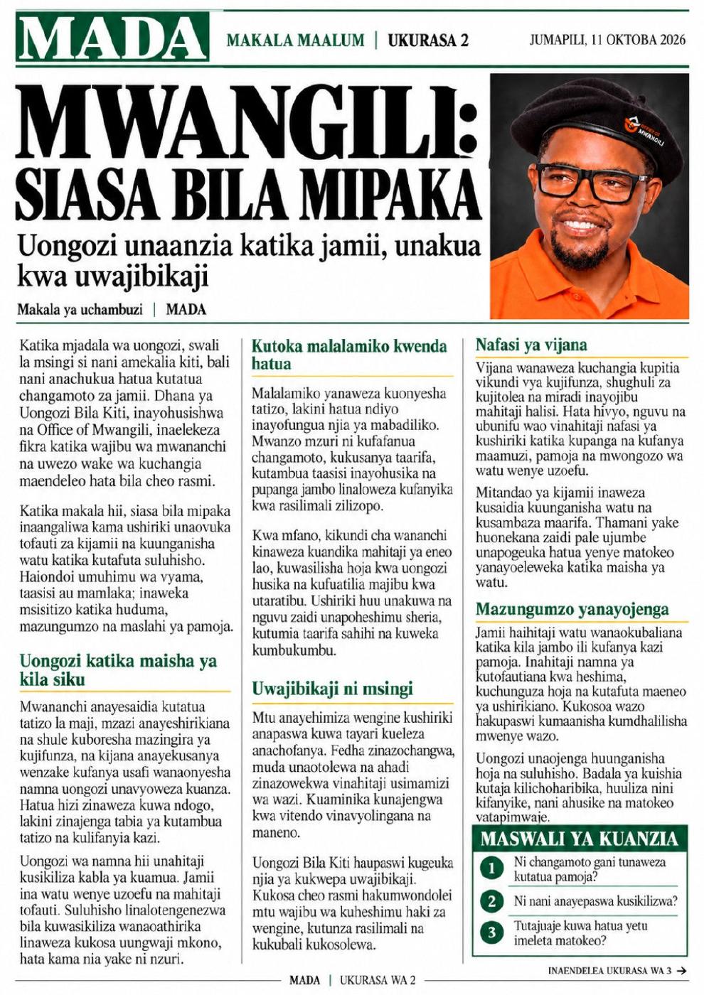 Makala ya Mwangili: Siasa bila mipaka