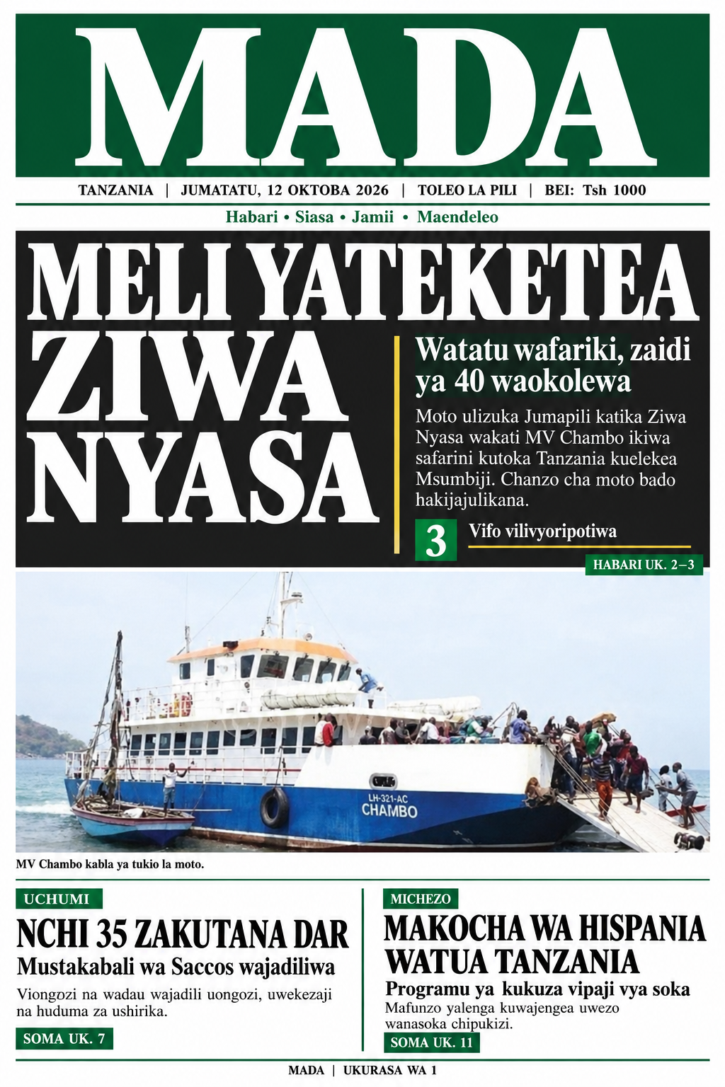 Ukurasa wa mbele wa MADA: Meli yateketea Ziwa Nyasa