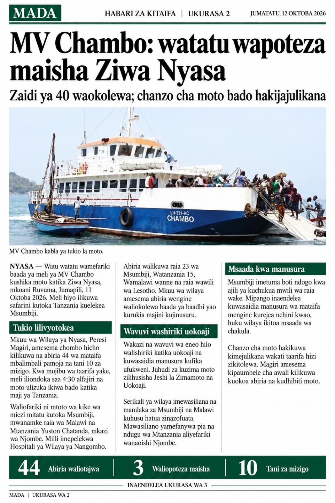 Ukurasa wa pili wa gazeti la MADA, toleo la pili, 12 Oktoba 2026
